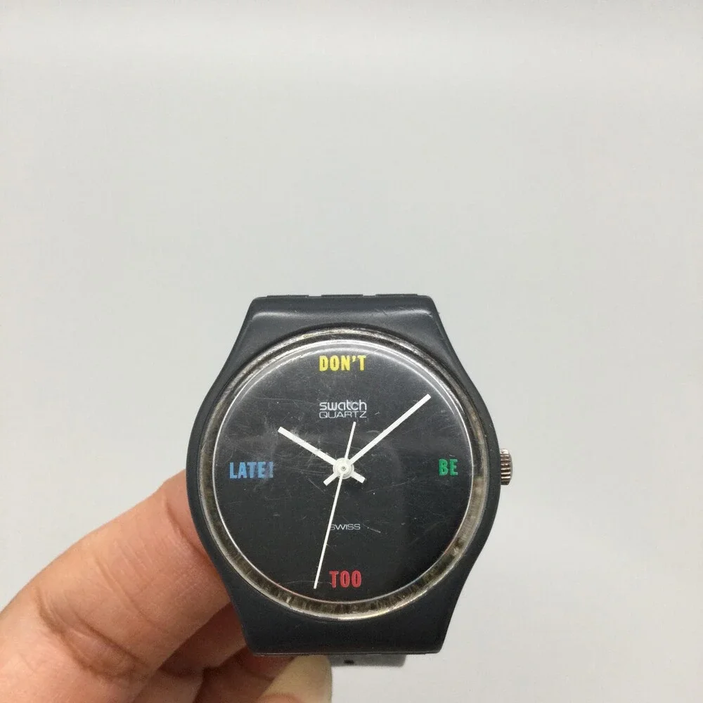 Vintage Swatch Mens Watch 33mm Black Dial Don't Be Too Late Not Running